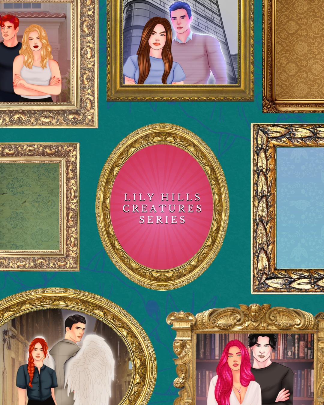 The Lily Hills Creatures photo wall, for now. I wonder who will join their found family soon?

The family members from the original series lineup:

Astoria & Cole, coming soon in a guardian angel romance with anxiety rep.

Emily & William, our ghost romance and magical pregnancy story, coming first in the series as A Lovely Haunt in the coming months.

Kiera & Asher, you'll get more reveals on them soon! Demon romance with a strong willed grumpy female lead.

Rosie & Otto in a witch/vampire romance with second chances and a deadly curse.

Get your first look at Rosie in the short story, A Peculiar Day at Warm Welcome Café, available now.

All art by @inkbykloe.

As I'm writing this, my cat is stealing a sock she found and running away. She has the whimsy I'm looking for this morning haha.

Are you loving these consistent posts and the new style I'm working towards? I can't wait to bring you more of Lily Hills Creatures in the coming weeks.

#spicybookstagram