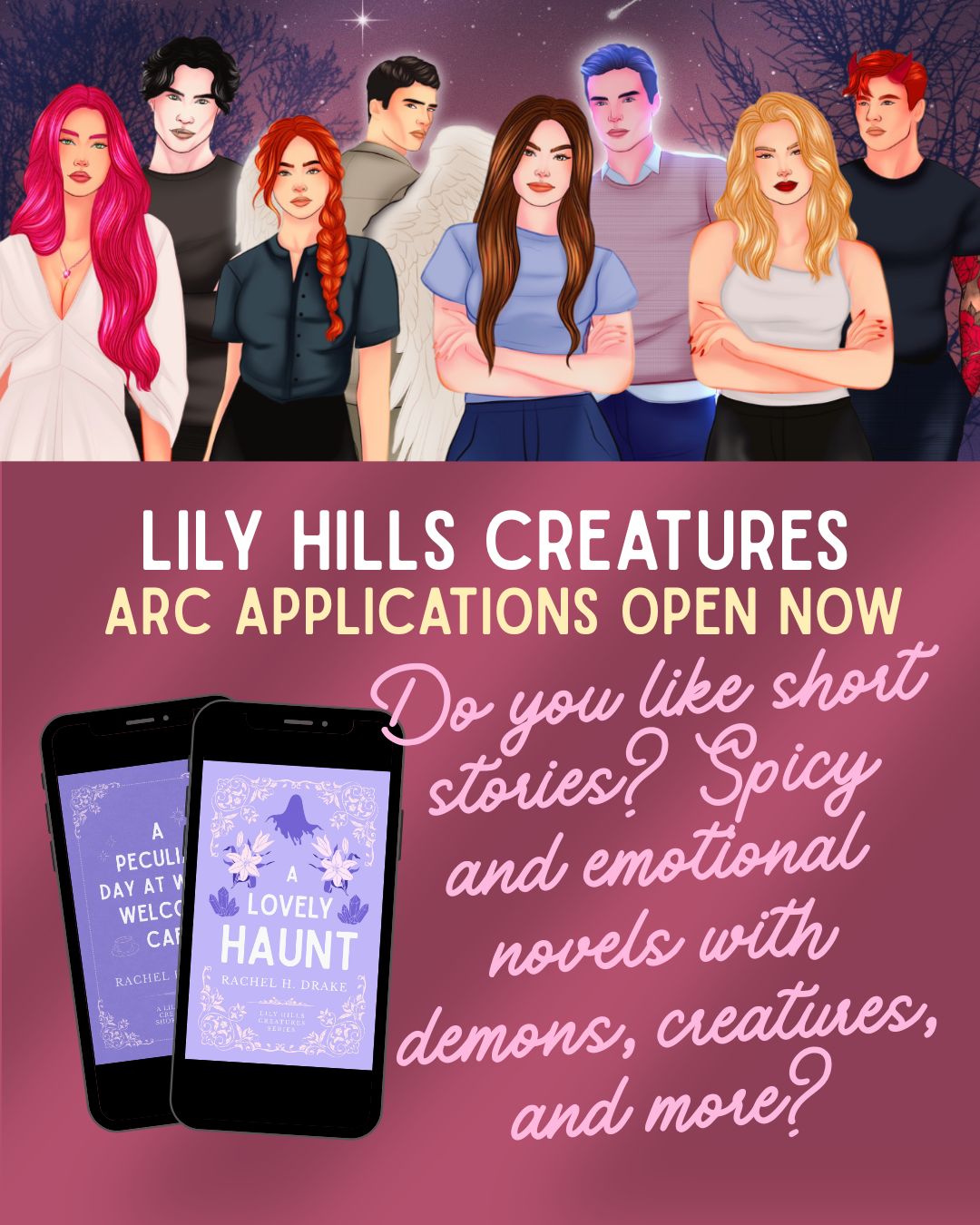 ARC READERS WANTED 🌸🕷️ Grim reaper sapphic short story & more!

I usually see ARCs for novellas and novels, rather than short stories, but I'd love to build my team of readers and include YOU if you are a short story reader and love paranormal worlds and romance.

In my bio is an application form for the Triple R ARC Team. I don 't have an end date yet for when it will close, but the forms will be open for at least the next two weeks!

Initially, readers accepted will receive the first two short stories in the Lily Hills Creatures series, and then the full length novels later as they are released (date TBA).

Reviews help other readers find my work. Whether on an ARC team or not, leaving a star rating and a sentence or two of your thoughts makes a big difference to authors. I sincerly appreciate the consideration!

About the first short story, A Peculiar Day at Warm Welcome Café! It features a grumpy café owner that is basically Red Forman as a woman, but slightly psychic. Follow her day in the life as she finds out whether the rival shop owner has evil intent against her with the help of a little magic. (Available now, but sharing post-release ARCs to help more people discover the series!)

The second short story's title and blurb have not yet been revealed, but check out my page for a few hints on what is to come in Olive's grim reaper short story. Tropes include sapphic yearning, she doesn't know I exist, and more!

If these shorts sound like something you'd enjoy reading, the ARC form is in my bio. Let me know if you apply!

#arcreaders #arcreview #arcteam #arcreaderswanted #romancereaders